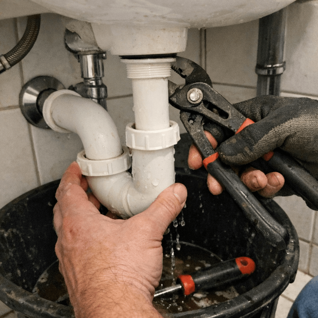Siphon im Badezimmer wird fachgerecht demontiert